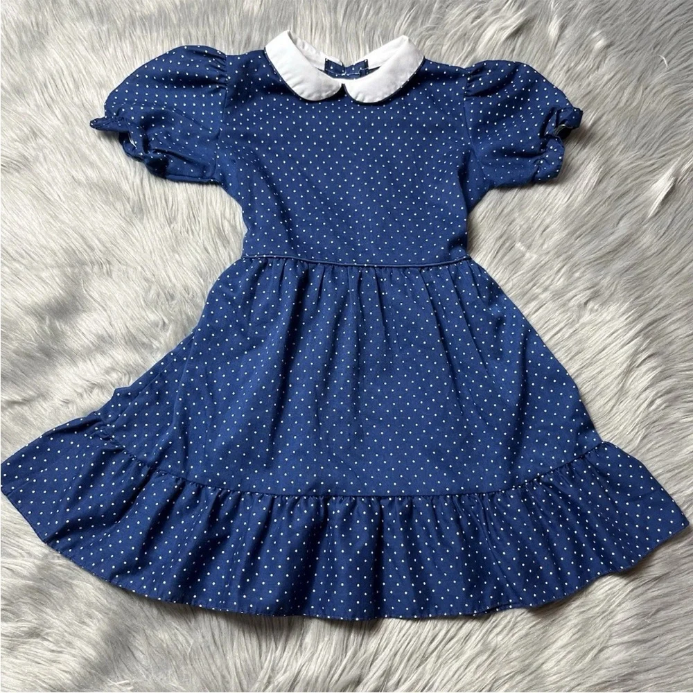 Vintage Winnie The Pooh Brand Toddler Girls Dress Navy White Polka Dot